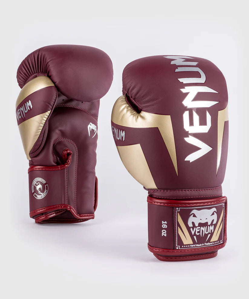 Guantes de boxeo Venum Elite, color burdeos y dorado