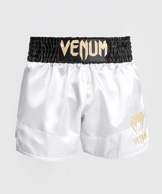 Pantalón corto de muay thai Venum Classic, blanco, dorado y negro